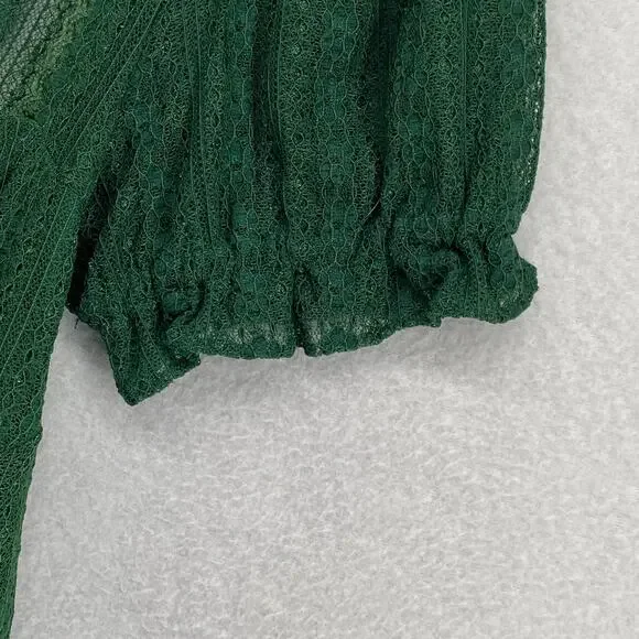 URBAN OUTFITTERS Dress S Roxie Lace Trim Mini Puff Sleeve Nylon Green NEW - Picture 6 of 16